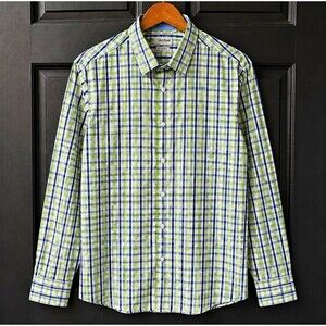 Berlioni Men's L Modern Fit Green/Blue/White Plaid Dress Shirt 16.5 34/35